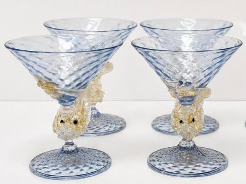 Set of Four (4) Murano Fish Stem Cocktail Glass, Attributed to Barovier & Toso